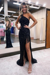 Black Prom Dress Sequined One Shoulder Long Evening Dress with Fringes